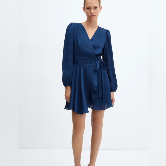 Mango Blue Long Sleeve Wrap Dress - Picture 1 of 16